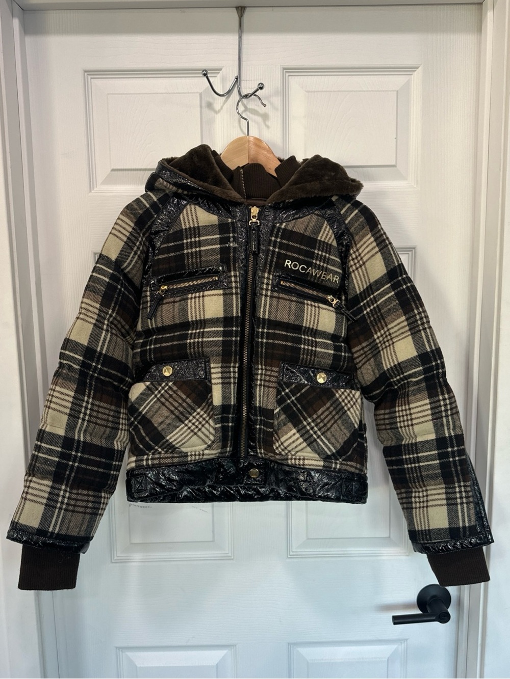 ROCAWEAR Vintage Y2K Women's Brown Plaid Puffer Bomber Jacket XL Faux Fur Lined